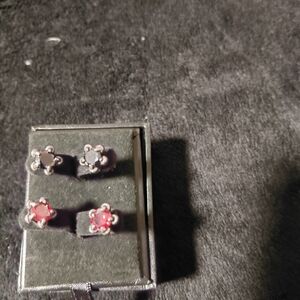 Sterling Silver Black and Red Stone Men’s Stud Earrings - Pair